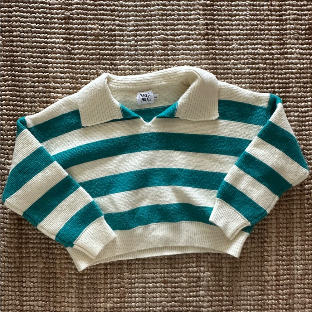 Striped Teal and Cream Cropped Sweater